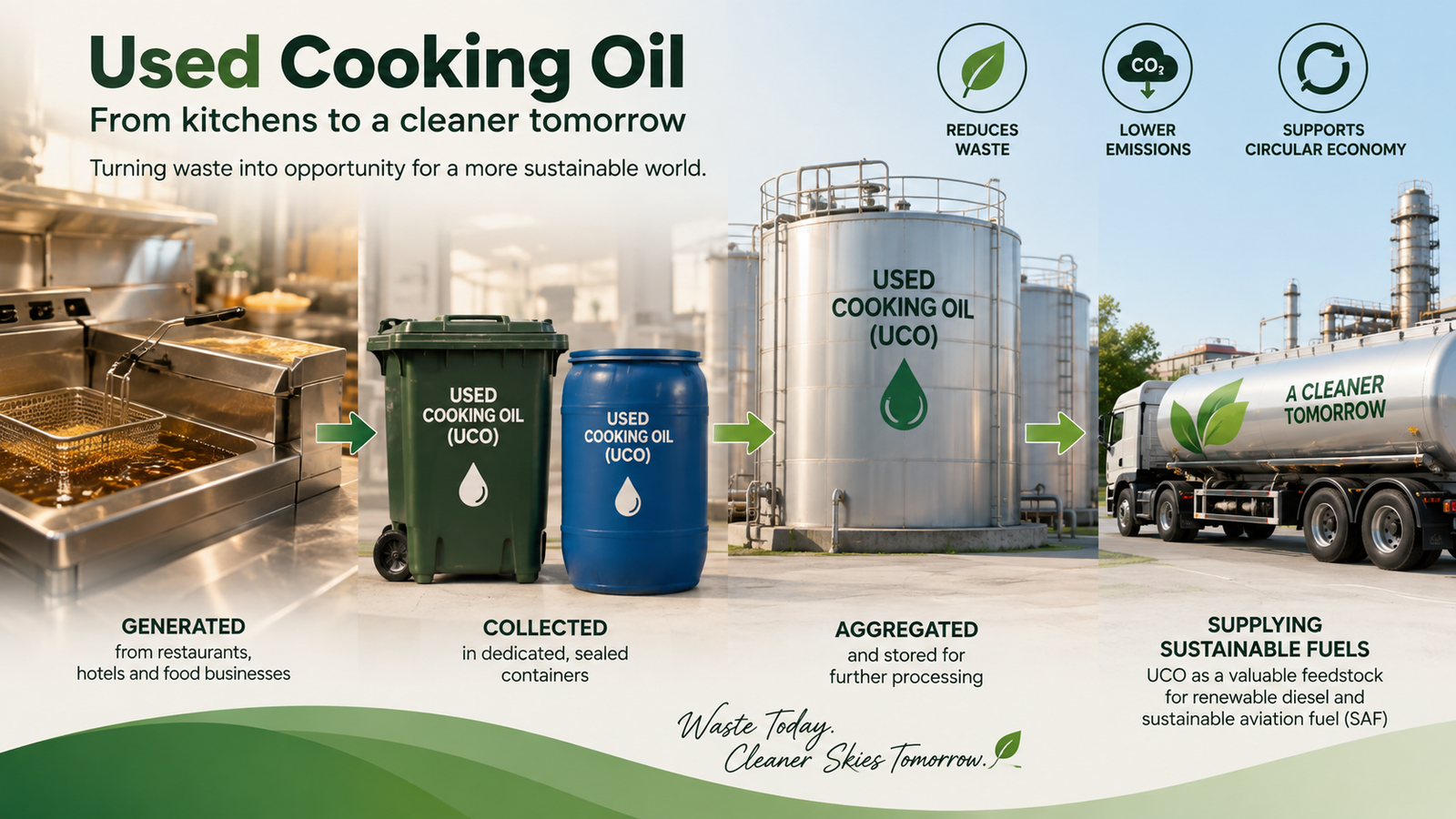 Used cooking oil collection process from kitchens to storage tanks to fuel tankers